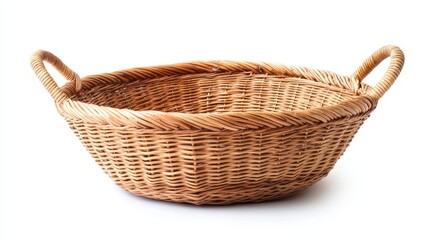 Obraz premium Empty wicker basket with handles. Perfect for showcasing items like fruits, vegetables, or crafts in a rustic setting.
