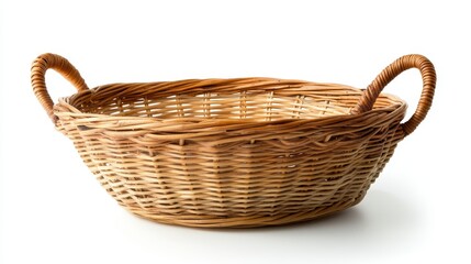 Fototapeta premium Empty woven wicker basket with handles. Perfect for showcasing products or adding rustic charm to your designs.