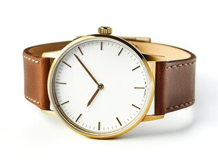 Elegant gold wristwatch with brown leather strap.