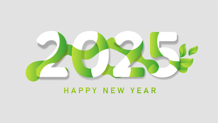 Happy 2025 new year with natural green leaves banner. Greetings and invitations, New year Christmas friendly themed congratulations, cards and natural background. Vector illustration