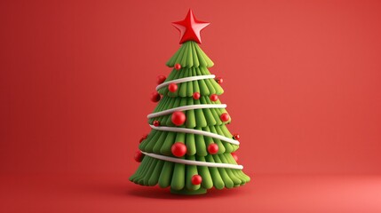 Obraz premium Stylized modern Christmas tree with a bright red star and festive decorations on a red background.