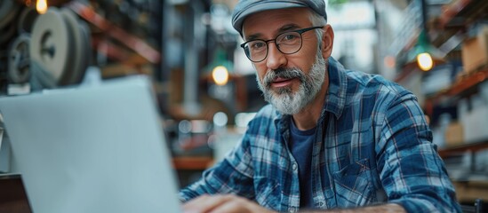 Fototapeta premium Cinematic photo of an industrial worker working on his laptop in the warehouse, wearing a helmet and casual.