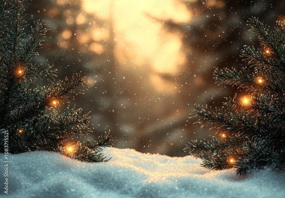 Poster illuminated pine branches on a snowy ground with a blurred golden background