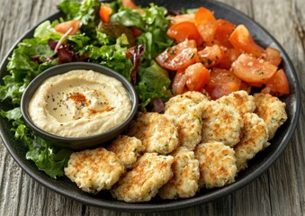 Fototapeta premium Crispy Fried Fish Cakes with Hummus, Salad, and Tomatoes