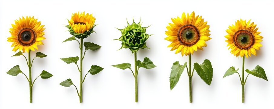A vibrant display of sunflowers, showcasing their blooming stages alongside unbloomed buds, highlighting natural beauty and growth.