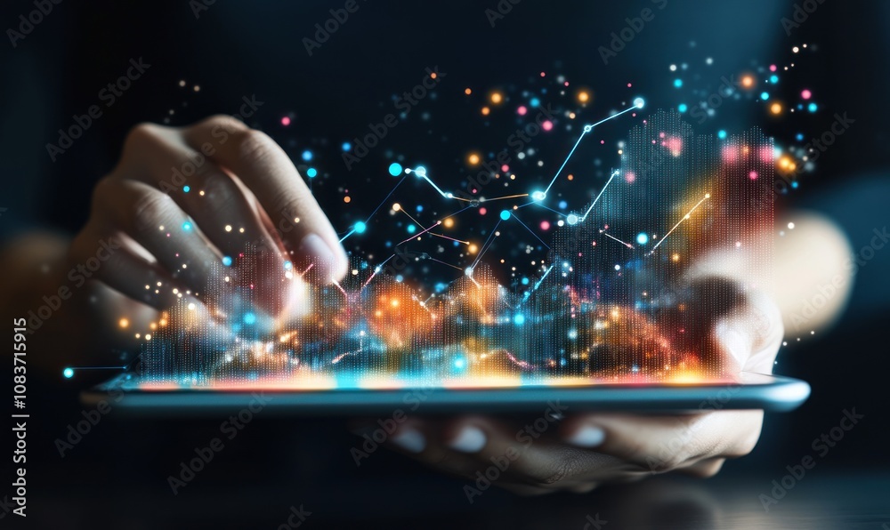 Poster Hand Interacting with a Tablet Displaying a Holographic Data Visualization