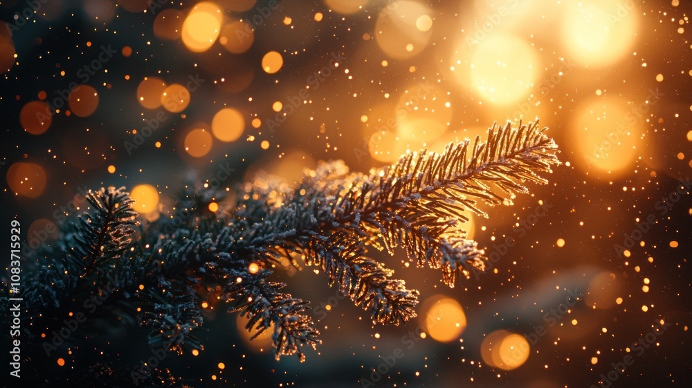 Poster A Close-Up of a Pine Branch with Bokeh Lights