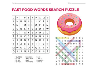 Illustration of fast food word search puzzle