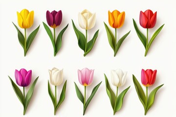 Obraz premium A vibrant array of colorful tulips with green leaves, arranged in two rows, showcasing a variety of blooms and shades.