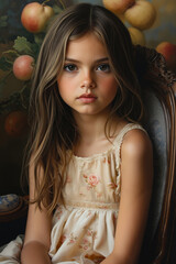 Fototapeta premium A young girl sitting in a chair with apples in the background