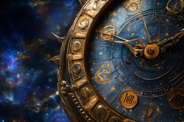 Obraz premium Conceptual design of a celestial clock, with each zodiac sign acting as an hour marker, set against a cosmic background.