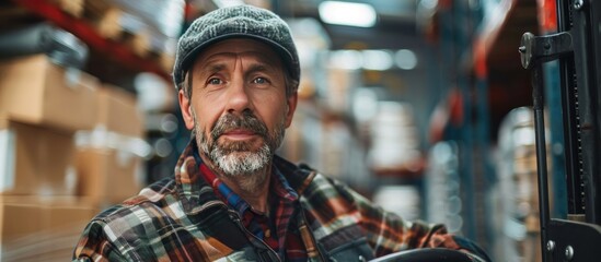 Obraz premium portrait of a middle-aged man with gray beard wearing a jacket and beanie driving a forklift in a warehouse.