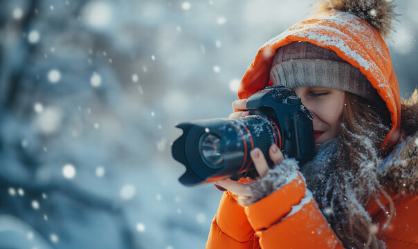 Young female photographer in red jacket close-up on winter landscape background. Business. Work and travel concept.