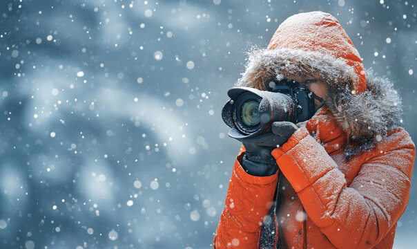 Young female photographer in red jacket close-up on winter landscape background. Business. Work and travel concept. - Powered by Adobe