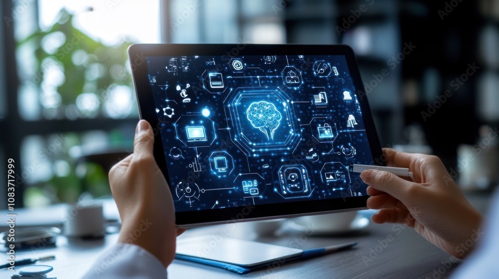 Poster Person Using Tablet with Brain and Technology Icons Displayed