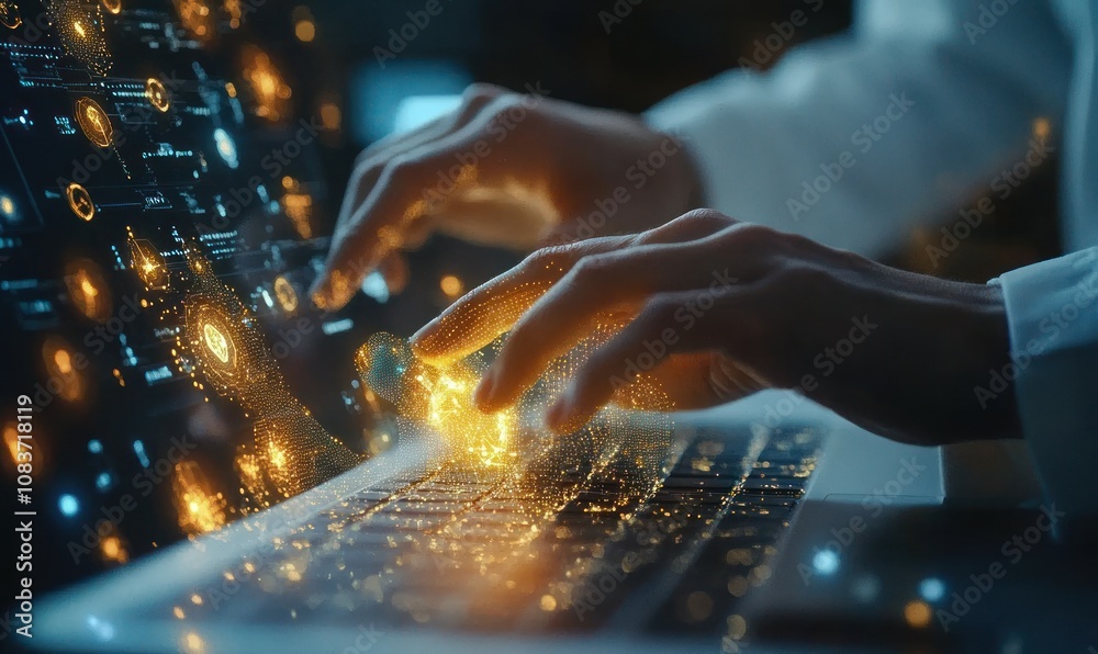 Poster hands interacting with holographic data on a laptop
