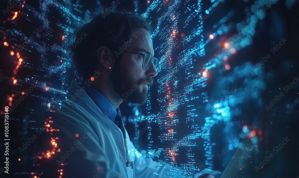 Poster a doctor working with digital data and a stethoscope