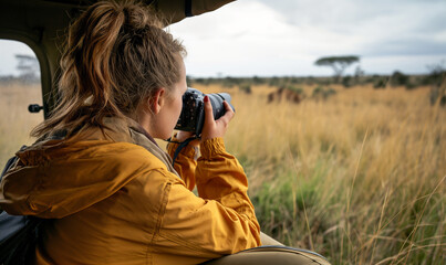 Professional photographer in the wild nature watching animals. Safari. Concept of work and travel