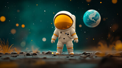 Naklejka premium Astronaut in a white spacesuit walks on the Moon's surface, surrounded by rocks, with Earth visible in the black sky.