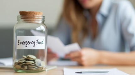 Woman sitting at a desk with a savings jar labeled "Emergency Fund," reviewing their finances and planning for unexpected expenses