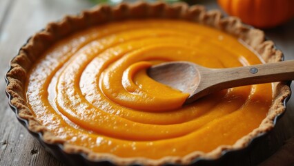 A rustic kitchen showcases a baker smoothing out smooth pumpkin puree in a pie crust using a wooden spoon. The warm autumn light enhances the inviting atmosphere