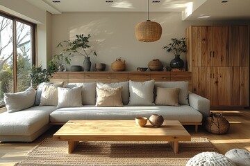 A minimalist, sofa and wood table and a japandi interior in a residential living room with pendant lighting. Generative AI
