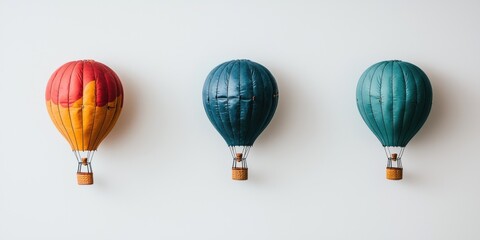 Obraz premium Three Colorful Hot Air Balloons Hanging Against a White Wall