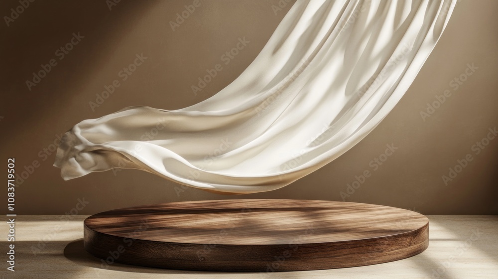 Poster a white fabric is blowing in the air, creating a sense of movement and freedom