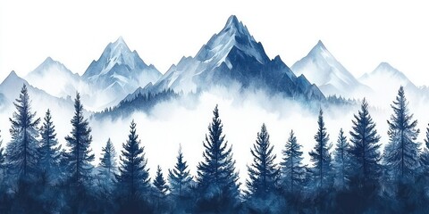 Fototapeta premium Watercolor Painting of Misty Mountains and a Forest