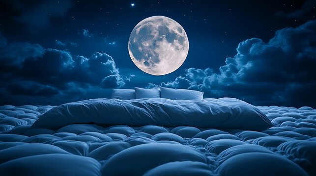 Dreamy bed under moonlight night sky digital art tranquil setting aerial view serenity