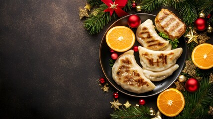 Festive plate of dumplings with seasonal decorations.
