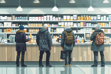 Fototapeta premium People in the pharmacy buying medicines, rear view, emphasizing the process of selection and care for their well-being