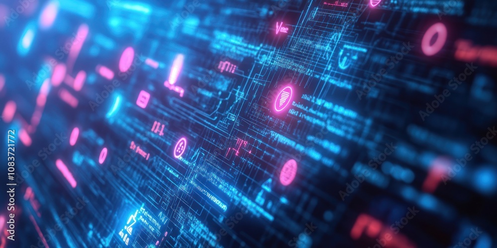 Poster Abstract Digital Network with Glowing Lines and Symbols
