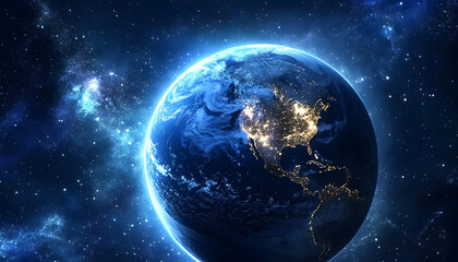 Fototapeta premium Night view of planet Earth from space, with glowing city lights visible across the globe