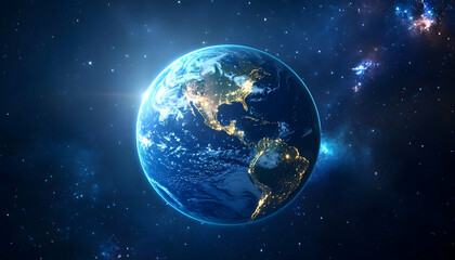 Obraz premium Night view of planet Earth from space, with glowing city lights visible across the globe