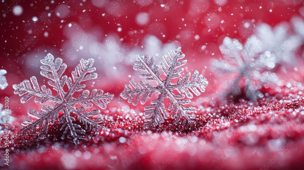 Poster crystallized snowflakes resting on red glittering surface