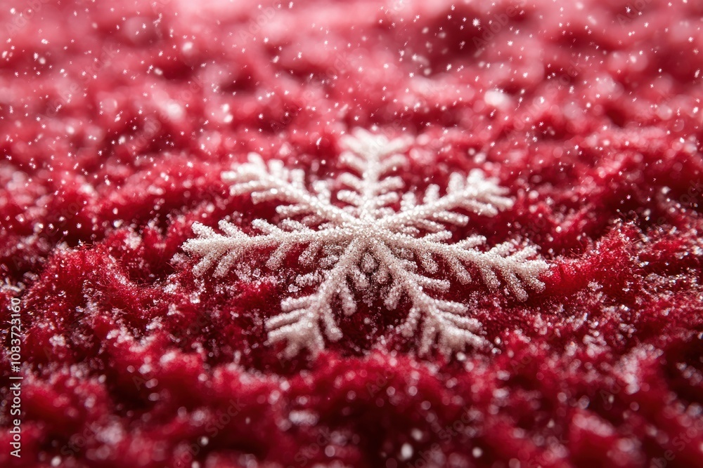 Poster White Snowflake on a Red Fuzzy Background with Snowfall