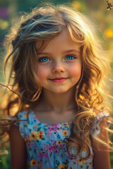 Fototapeta premium A little girl with long blonde hair and blue eyes smiles at the camera