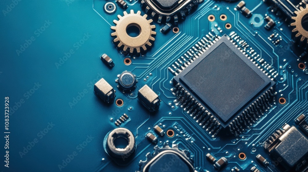 Aufkleber This close-up displays intricate gears and a microprocessor on a circuit board, highlighting the complexity of digital technology. Generative AI