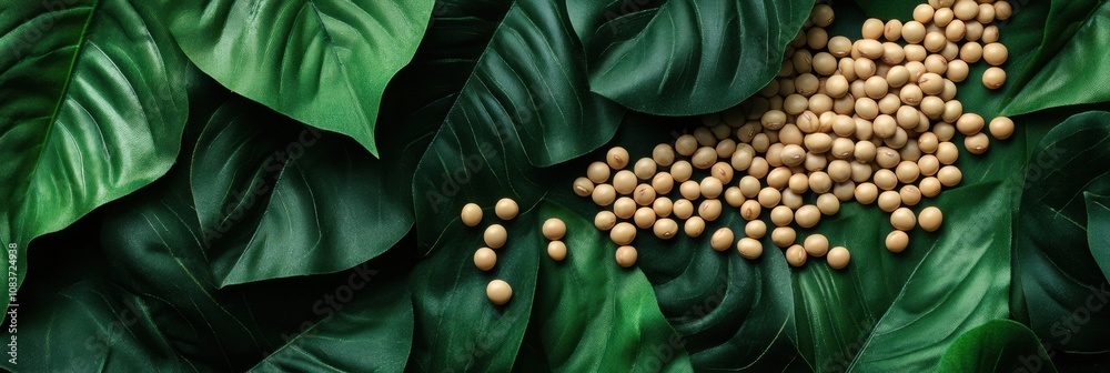 Poster golden soybeans adorn the vibrant greenery, highlighting the harmony of agriculture and nature in a 