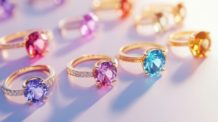 Close up of colorful gemstone rings. This photo can be used for jewelry, fashion, and luxury branding.