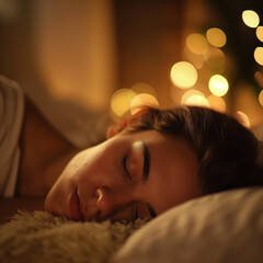 Peaceful woman sleeping with soft warm lighting and bokeh