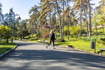 Naklejka premium Woman is walking her cat on a sidewalk in a park