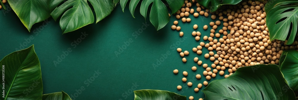 Poster Soybeans are scattered against a deep green backdrop while large, glossy leaves frame the composition, enhancing the tropical feel. Generative AI
