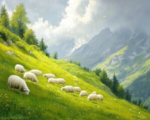 Fototapeta premium A group of sheep grazing on a green hillside, Sheep Farming, Peaceful and natural