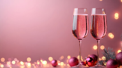 glamorous Christmas party scene featuring two glasses of pink champagne, surrounded by festive decorations and soft bokeh lights, creating joyful atmosphere