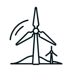 Black wind farm icon with a turbine and person symbolizing ecology and renewable energy