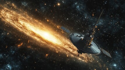 Naklejka premium A deep space probe traveling through a distant galaxy, capturing images of unexplored star systems.