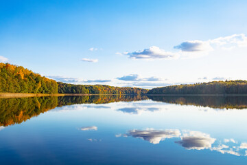 Obraz premium a lake on the background of an autumn forest