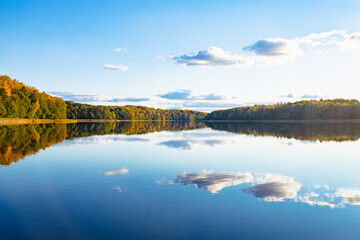 Obraz premium a lake on the background of an autumn forest